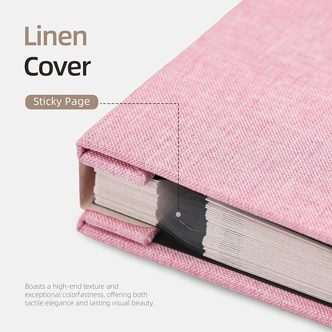 Vienrose Photo Album Self Adhesive 4x6 5x7 3x5 8x10 Scrapbook Album DIY Scrap Book with A Metallic Pen (11"x10.6" 60 Pages, Pink)