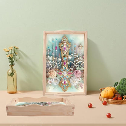 JZHYOAN Flower Diamond Painting Trays for Adults, DIY Cross Creative Design, Kitchen Platters for Entertaining Breakfast Coffee Table Decoration for Living Room Coffee Serving Table Tray