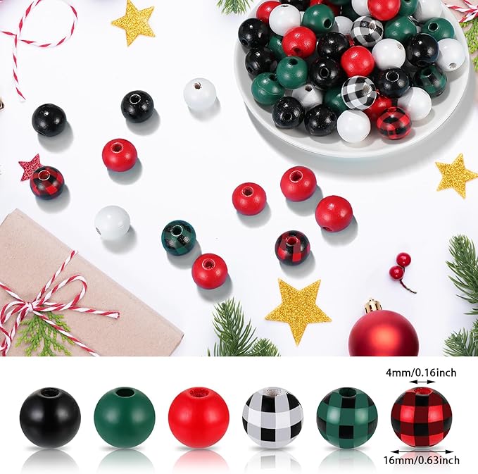 200 Pieces Christmas Wooden Beads for Crafts Xmas Red Buffalo Plaid Colorful Wood Spacer Beads Rustic Farmhouse for DIY Crafts Garland Home Decor