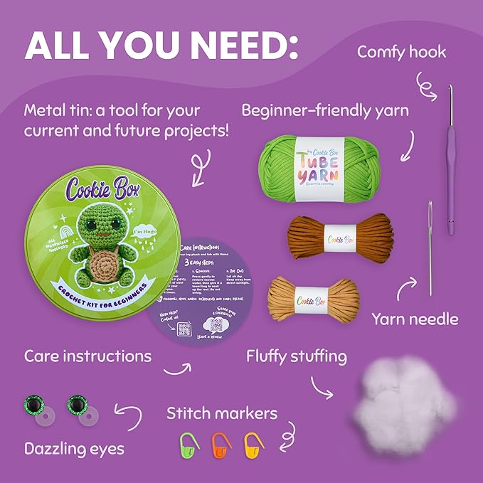 Cookie Box Crochet Kit for Beginners – Gift Set to Make Turtle Hugo Amigurumi Plushie – Easy DIY Crochet & Knitting Starter Kit with Video and PDF Tutorials