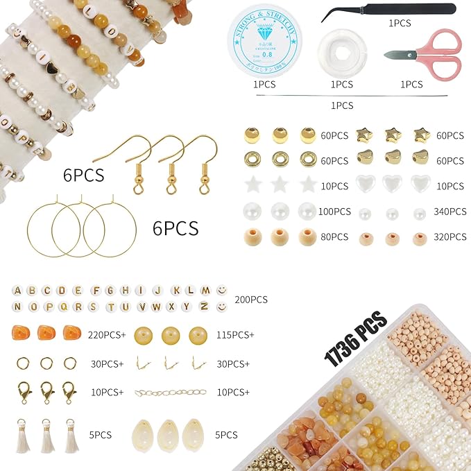 TOIPINIO Bracelet Making Kit Jewelry Making Supplies Kit Natural Stone Beads for Irregular Natural Stone with for DIY Craft-1736 PCS Friendship Bracelet/Necklace/Earrings for Adults (Yellow Jade)