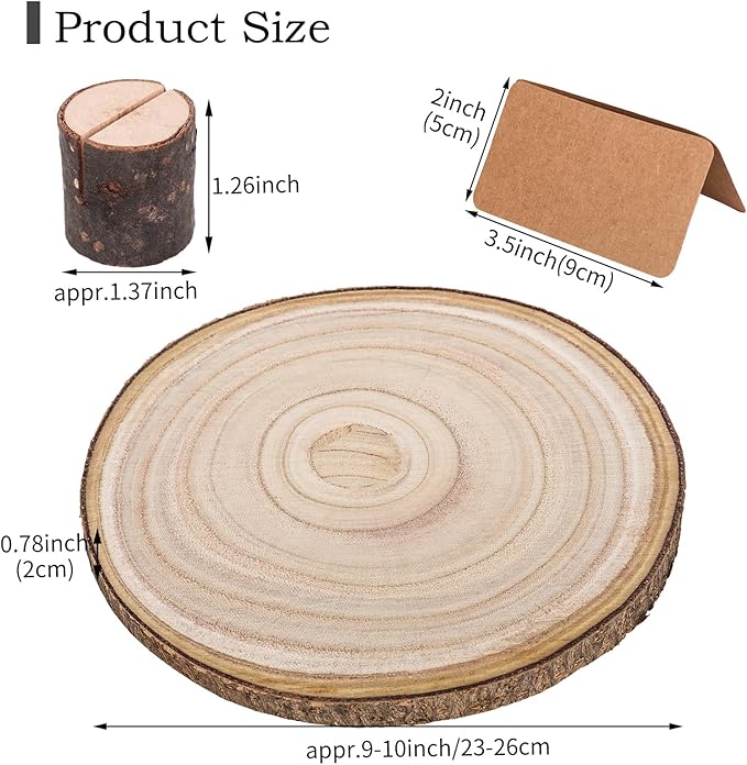 Natural Round Wood Slices 10 Pack 8-9 inches Unfinished Wood kit Circles DIY Crafts Wood Ornament Discs with 10 PCS Cards and 10 PCS Wood Table Number Card Holders for Wedding Centerpiece