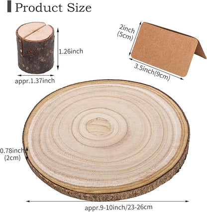 Natural Round Wood Slices 10 Pack 8-9 inches Unfinished Wood kit Circles DIY Crafts Wood Ornament Discs with 10 PCS Cards and 10 PCS Wood Table Number Card Holders for Wedding Centerpiece