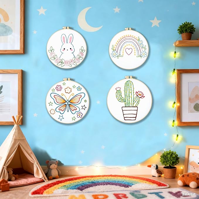 BEUNITONE Embroidery Kit with 6 Easy Patterns, Simple Cross Stitch Starter Set for Absolute Beginners, Cute Animal Rainbow Butterfly DIY Craft Activity