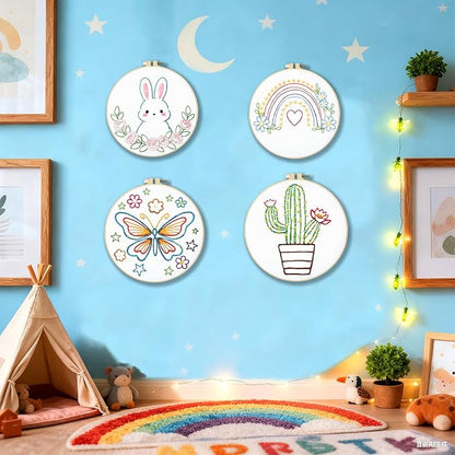 BEUNITONE Embroidery Kit with 6 Easy Patterns, Simple Cross Stitch Starter Set for Absolute Beginners, Cute Animal Rainbow Butterfly DIY Craft Activity