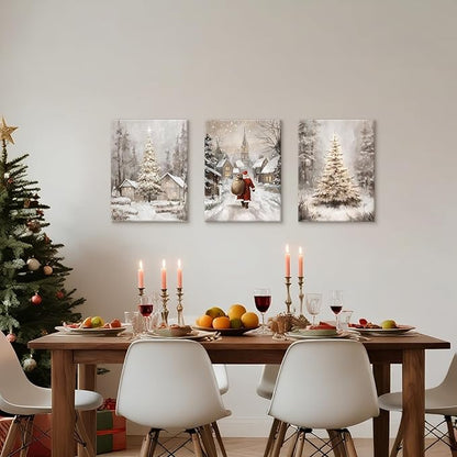 3Pcs Winter Snow Scene Canvas Wall Art for Bedroom, Christmas Pine Trees Landscape Wall Picture Retro Cabin Snowy Canvas Art Prints Painting Country Nature Wall Decor for Living Room Kitchen 12"x16"X3