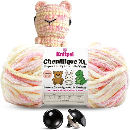 Chenillique XL Super Bulky Chenille Yarn – 100g Skein (88 Yards) + Safety Eyes + Free Plushie Pattern – Plush Polyester Yarn for Amigurumi, Crochet & Knitting - Peach Fizz
