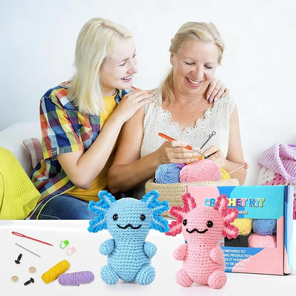 Weldomcor Crochet Kit for Beginners, Amigurumi Crocheting Animals Kits for Adults with Step-by-Step Video Tutorials Knitting Yarn Hooks DIY Crafts Starter Supplies Gifts Set (4 Pcs Mini Axolotls)