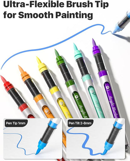 JusArt Acrylic Paint Markers Brush Tip 18 Colors, Water-Based No-Bleed Markers with Automatic Ink Control, Waterproof Acrylic Paint Pens for DIY Art & Crafts -Fabric, Rock, Wood, Glass, Ceramic, Metal