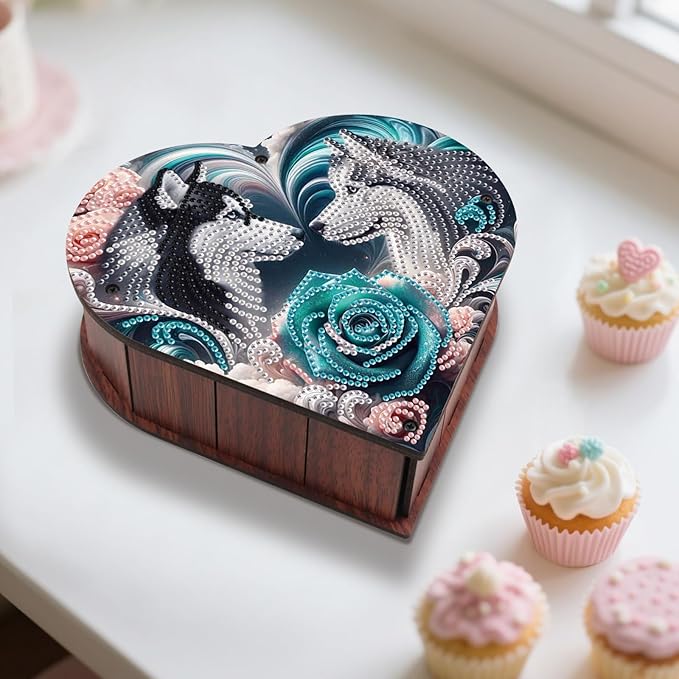 DIY Diamond Painting Kit Storage Box, Rose Wolf Dog Diamond Decorative Craft Heart Shaped Kit, Desktop Item Storage, Multifunctional Creative Craft Gift