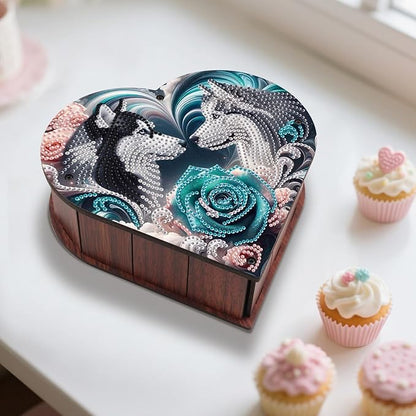 DIY Diamond Painting Kit Storage Box, Rose Wolf Dog Diamond Decorative Craft Heart Shaped Kit, Desktop Item Storage, Multifunctional Creative Craft Gift