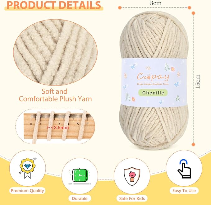 Coopay Chenille Yarn for Crocheting/Knitting, 8 Pack Medium Worsted Weight Yarn of 50g/1.76oz - Total 520yd, Soft Velvet Crochet Yarns for Plush Toys, Baby Blankets, Scarves (Khaki)