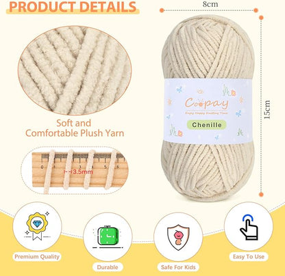 Coopay Chenille Yarn for Crocheting/Knitting, 8 Pack Medium Worsted Weight Yarn of 50g/1.76oz - Total 520yd, Soft Velvet Crochet Yarns for Plush Toys, Baby Blankets, Scarves (Khaki)