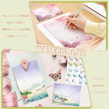 TaoBary 160 Pcs Stationery Paper Set 50 Double Sided Stationery Papers with 50 Matching Envelopes and 60 Round Dot Sticker, 10 Design(Ink Painting,5.5 x 8.25 Inch)