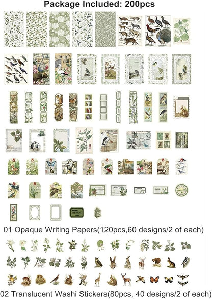 Esweny 200PCS Vintage Scrapbooking Supplies Pack, Aesthetic Scrapbook Sticker Paper Art Journaling Kit for Junk Journals,Planner,Cottagecore Decor Gifts (Green Series)