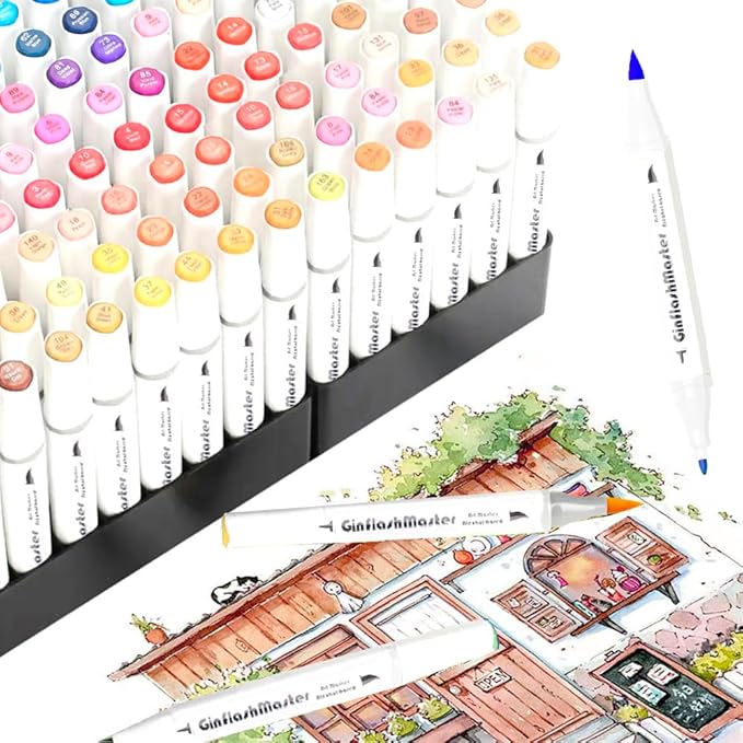 Ginflash Brush & Fine Tip Art Markers Pen Sketch Alcohol Based Markers Dual Tipped Manga Drawing Coloring Marker Art Supplies for Artist (168)