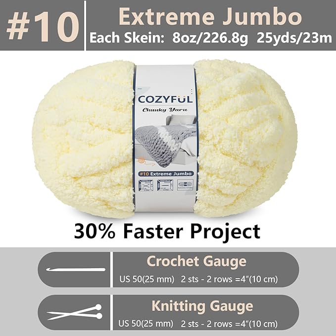 Chunky Yarn for Hand Knitting - #10 Chunky Chenille Yarn, Jumbo Big Thick Chunky Yarns for Crocheting, Super Bulky Chunky Knit Blanket Yarns, 8 Skein (25 yds 8 oz Each Skein), Light Yellow