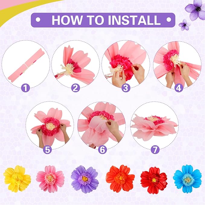 Crowye 12 Pcs Large Colorful Tissue Paper Flowers Decorations 20 Giant Fiesta Craft Crepe Paper Flowers for Wall Decor Backdrop Mexican Wedding Birthday Carnival Party (Cute Color)