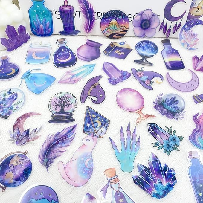 50PCS Holographic Witchcraft Stickers for Scrapbooking – Magic Astrology Clear Witchy Stickers with Iridescent Effect – Aesthetic Moon Crystal Spell Book Cat Decals