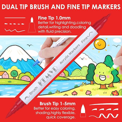 KEMYR 100 Colors Brush & Fine Tip Acrylic Paint Pens, Dual Tip Acrylic Paint Markers for Paper, Wood, Canvas, Stone, Rock, Glass, Fabric, DIY, Ceramic, Art Supplies for Adults Drawing