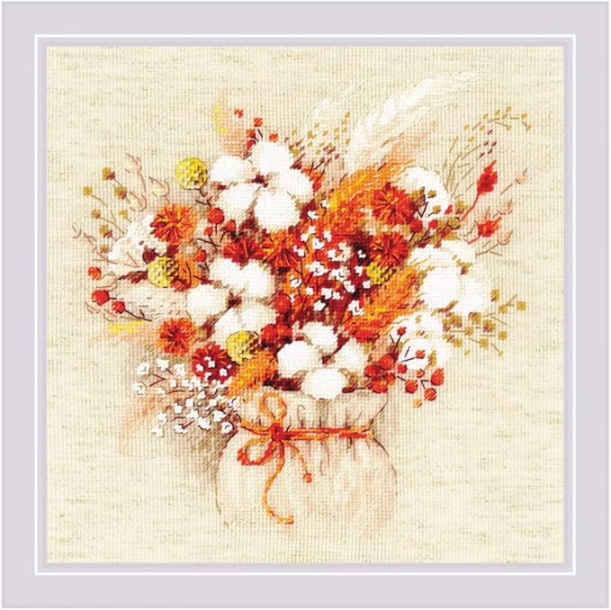 RIOLIS - Bouquet with Lagurus and Cotton 1913, Cross Stitch Kits 9¾"x9¾, Cross Stitch Kits for Adults, Counted Cross Stitch Kits, Embroidery Kit for Beginners & Advanced, Floral Crossstitching Kits