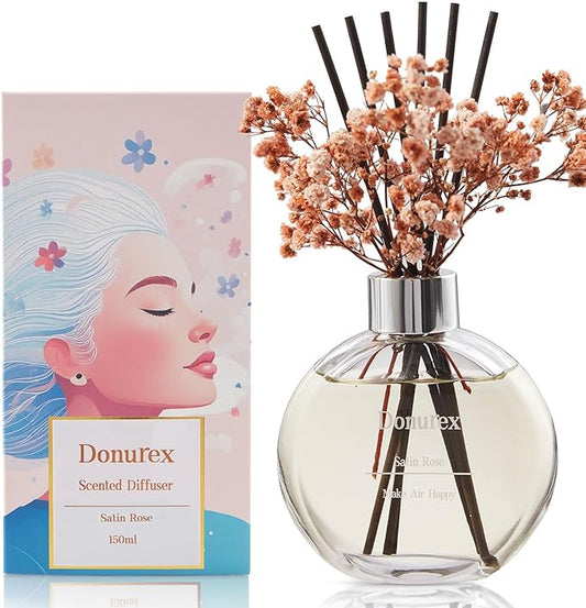Donurex Flower Reed Diffuser Set 5.07oz Satin Rose Scent Diffuser with Sticks Home Fragrance Reed Diffuser for Bathroom Shelf Decor