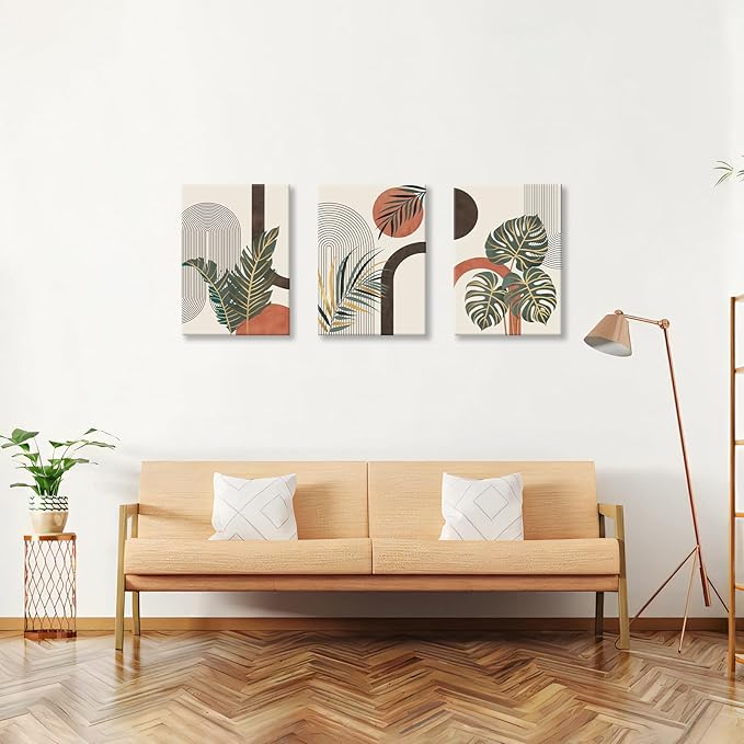 3 Pcs Boho Beige Canvas Wall Art Aesthetic Green Botanical Wall Pictures Minimalist Geometric Line Plants Leaf Art Prints Painting Home Decor for Bedroom Living Room Office Ready To Hang 16"x24"x3Pcs