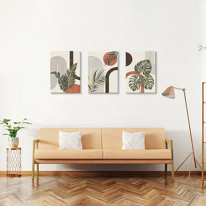 3 Pcs Boho Beige Canvas Wall Art Aesthetic Green Botanical Wall Pictures Minimalist Geometric Line Plants Leaf Art Prints Painting Home Decor for Bedroom Living Room Office Ready To Hang 16"x24"x3Pcs