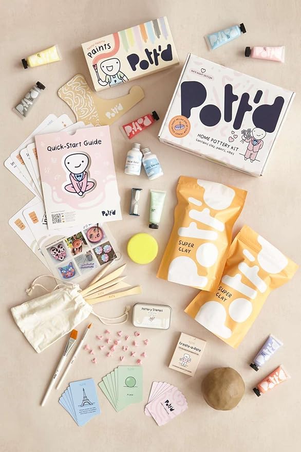 Pott'd Air Dry Clay for Adults Date Night Special Edition. Beginners Home Pottery Kit for Adults. DIY Craft Kit for Adults. Kit Includes: Air-Dry Clay, Tools, Paints, Brushes, Sealant, How-to-Guides