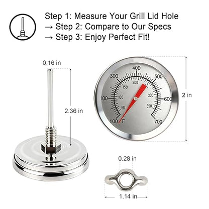 CloudHand 2 inch Grill Thermometer BBQ Thermometer Gauge Smoker Temperature Gauge Grill Pit Replacement Thermometer Stainless Steel Temp Gauge