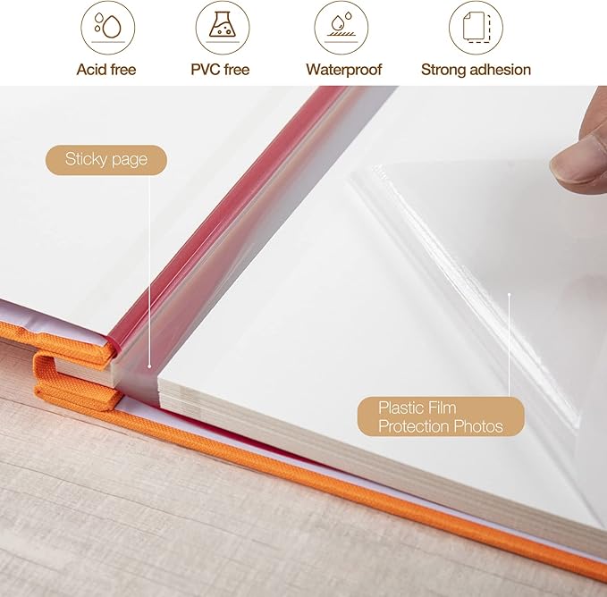 potricher Large Photo Album Self Adhesive 4x6 5x7 8x10 Pictures Linen Cover 80 Blank Pages Magnetic DIY Scrapbook Albums with A Metallic Pen (Orange)