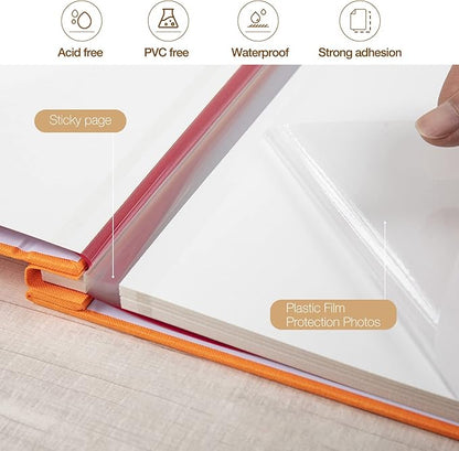 potricher Large Photo Album Self Adhesive 4x6 5x7 8x10 Pictures Linen Cover 80 Blank Pages Magnetic DIY Scrapbook Albums with A Metallic Pen (Orange)