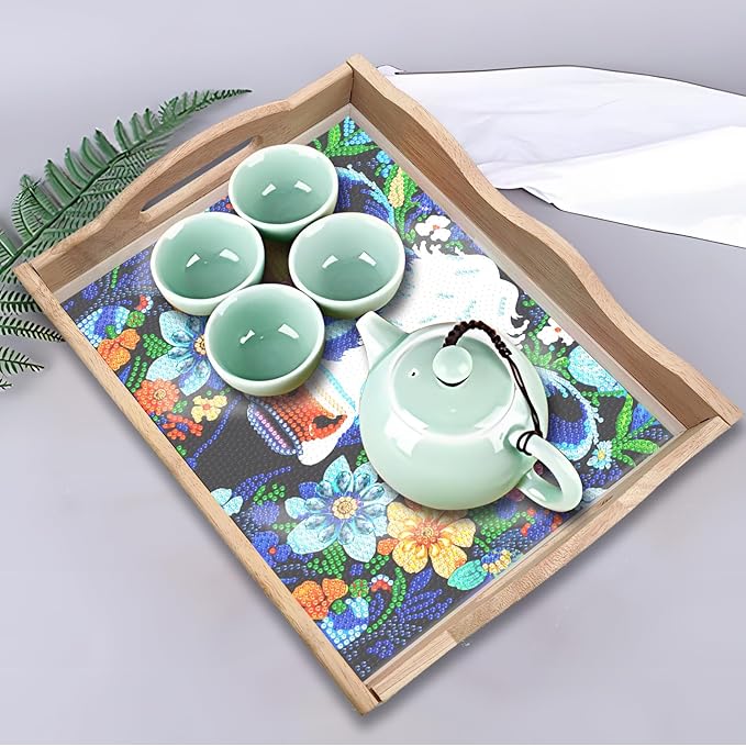 FGbaby DIY 5D Flowers Cow Diamond Painting Wood Serving Tray with Handles Diamond Art Decorative Serving Trays Wooden Tray for Breakfast in Bed, Patio, BBQ, Coffee Table, Party –Great for Lap & Couch