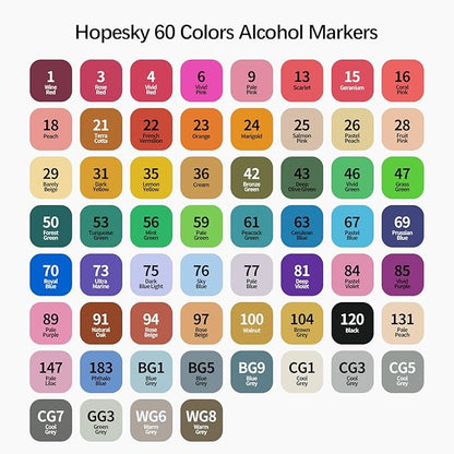 Hopesky 60 Colors Alcohol Markers - Dual Tip Permanent Art Markers Set for Coloring Drawing Painting, Fine and Chisel Tip Alcohol Based Pens with Storage Case for Adult Artists