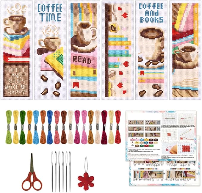 ORIGACH 6 Pcs Cross Stitch Bookmark Kit for Beginner with Backing Felt Floss Instruction Coffee and Books Stamped Embroidery Bookmark Kit for Starters Adults Book Lovers