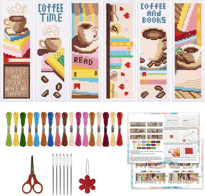 ORIGACH 6 Pcs Cross Stitch Bookmark Kit for Beginner with Backing Felt Floss Instruction Coffee and Books Stamped Embroidery Bookmark Kit for Starters Adults Book Lovers
