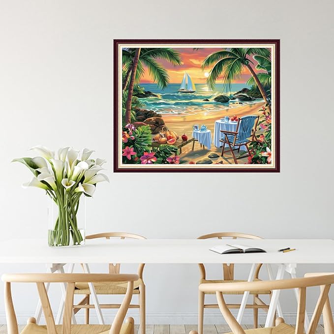 Stamped Cross Stitch Kits for Beginners Full Range of Cross Stitching 11 CT Printed Cross Stitch Kit for Adults Cross-Stitch Patterns Needlepoint Kits-Coconut trees rest by seaside 16x20 inchs