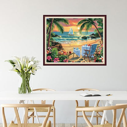 Stamped Cross Stitch Kits for Beginners Full Range of Cross Stitching 11 CT Printed Cross Stitch Kit for Adults Cross-Stitch Patterns Needlepoint Kits-Coconut trees rest by seaside 16x20 inchs
