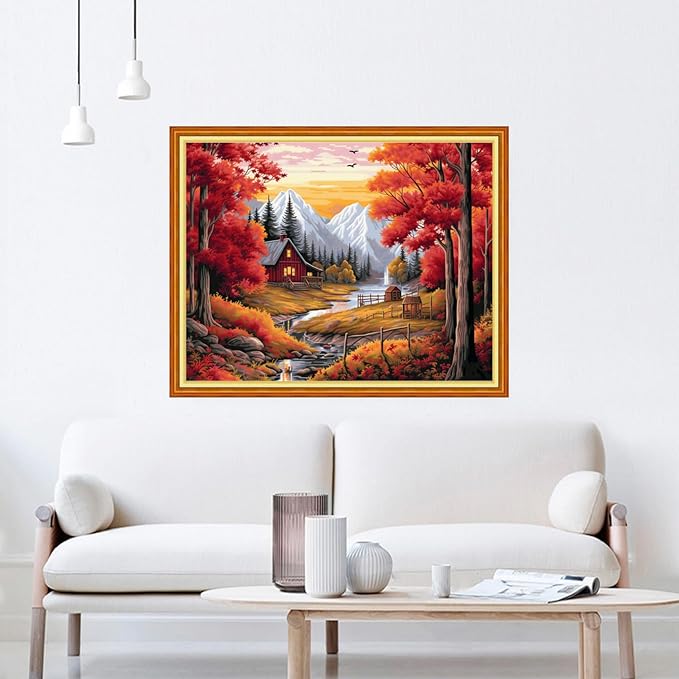 DMCVIVR Stamped Cross Stitch Kits for Beginners Adults Needlepoint Kits for Beginners Embroidery Kits for Adults Crossstitch Kit for Beginners 11CT-Beautiful Late Autumn 16x20 inchs