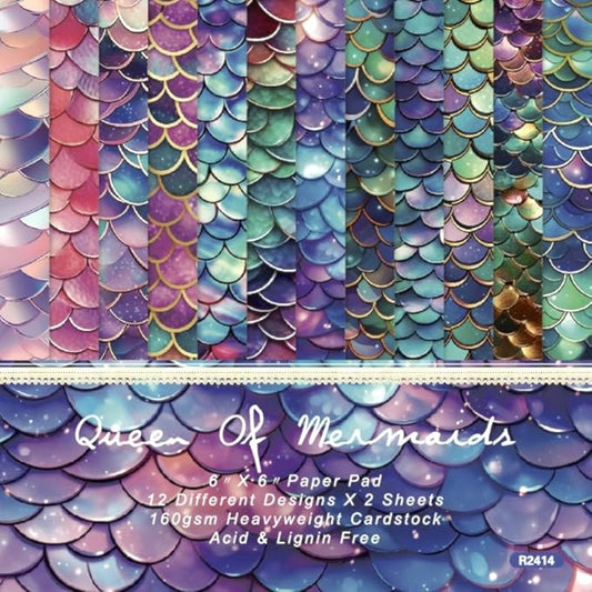DESEACO Mermaid Themed Scrapbook Paper Pad 6x6 inches, Single-Sided Scales and Seashell Patterns Designs For Craft - 24 Decor Sheets