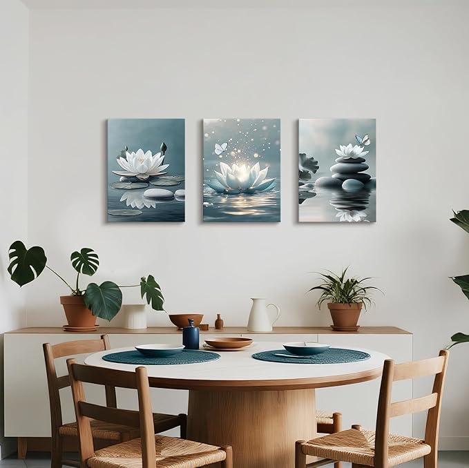 WENGTIAO 3Pcs Zen Stones Canvas Wall Art Prints Calm White Lotus Floral Bloom in Water Pictures Posters Butterfly Paintings Spiritual Meditation Artwork for Spa Yoga Living Room Bedroom Office 12x16x3