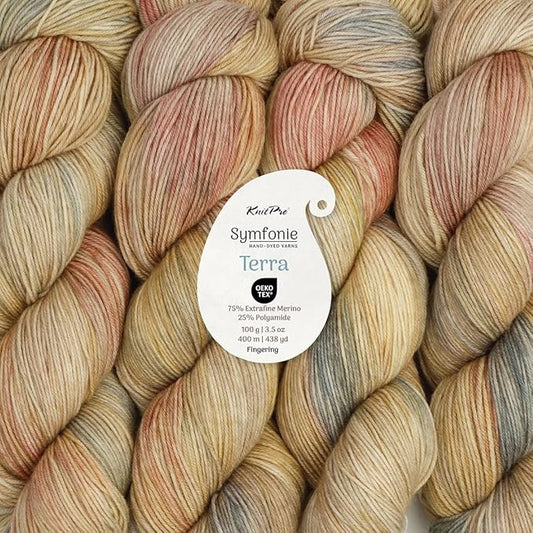 KnitPro Symfonie Hand Dyed Yarn | Extra Fine Merino Wool & Polyamide Blend for Knitting & Crocheting, Fingering Weight, Oeko-TEX Certified 400m, 100g Skein | Terra Variegated Moonlit Glow
