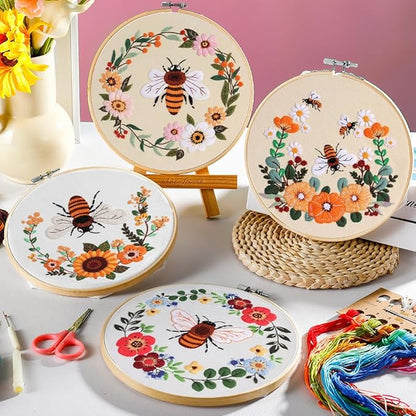 wtisan Embroidery Kit for Adults, 4 Sets Cross Stitch Kits for Adults with Stamped Flower Pattern and Easy Instruction, Embroidery Kits with Embroidery Hoop and Color Threads