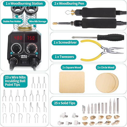 YIHUA 939D-VII Pyrography Tool Wood Burning Pen Kit Station 2-in-1 Solid-Point 200~480°C (with Temp Display)/Wire-Nib 250~750°C with 23 Nibs, 25 Solid Points, 4 Woodpieces
