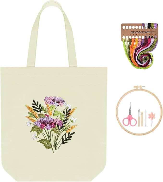 ERKOON Canvas Tote Bag Embroidery Kit for Beginners, Floral Arts Crafts Cross Stitch Kits for Adults Including Stamped Embroidery Bag with Hoops, Needle, Instruction and Color Threads(Colorful Time)