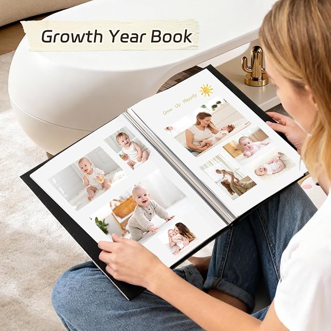 RECUTMS 60 Pages DIY Photo Albums with Sticky Pages Button Grain Leather Cover 4x6 5x7 8x10 Photos of Any Size, Wedding Photo Album Baby Picture Book Family Scrapbook Photo Album (Gray)