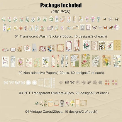 Esweny 260PCS Vintage Journaling Scrapbooking Supplies Scrapbook Sticker Paper Ephemera Pack for Junk Journal Planners Collage Craft Notebooks Album (Flowers and Butterflies)