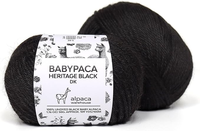 Black Heritage - 100% Baby Alpaca Yarn Wool Set of 2 Skeins (100 Grams) DK Weight Made in Peru Natural Undyed Color Heavenly Soft Perfect for Knitting and Crocheting (Black Alpaca 2 Skeins DK)