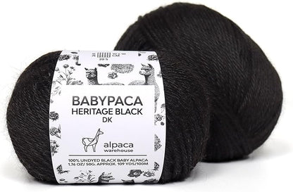 Black Heritage - 100% Baby Alpaca Yarn Wool Set of 2 Skeins (100 Grams) DK Weight Made in Peru Natural Undyed Color Heavenly Soft Perfect for Knitting and Crocheting (Black Alpaca 2 Skeins DK)