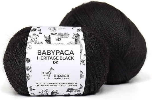 Black Heritage - 100% Baby Alpaca Yarn Wool Set of 2 Skeins (100 Grams) DK Weight Made in Peru Natural Undyed Color Heavenly Soft Perfect for Knitting and Crocheting (Black Alpaca 2 Skeins DK)